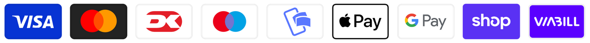 Visa, Mastercard, Dankort, Maestro, MobilePay, Apple Pay, Google Pay, Shop Pay, ViaBill